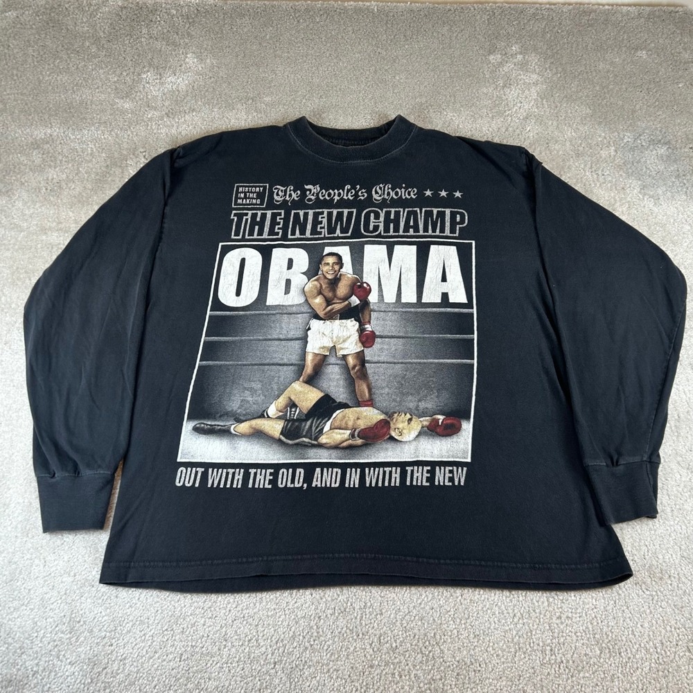 Vintage Y2K Obama The New Champ Boxing Political Long Sleeve T-Shirt Men's Large